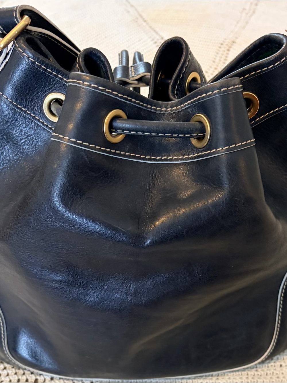 Dooney & Bourke Black Leather Drawstring Bucket Bag with brass Hardware